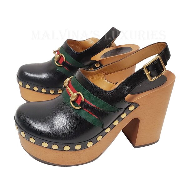 GUCCI SHOES HORSEBIT WEB BLACK LEATHER PLATFORM CLOGS w STUDS sz 39.5 9.5 - Picture 5 of 15